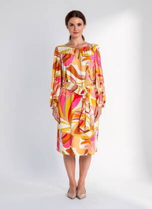 Rochie midi imprimeu fantezie mâneci lungi portocaliu K-DESIGN femeie