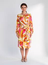 Rochie midi imprimeu fantezie mâneci lungi portocaliu K-DESIGN femeie