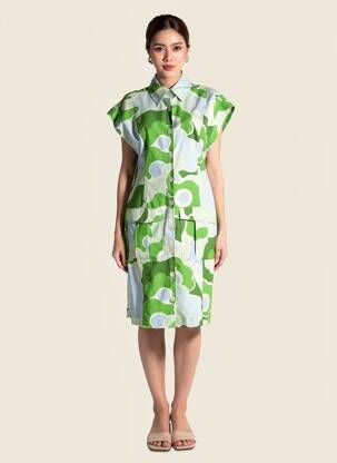 Rochie midi imprimeu fantezie mâneci scurte verde TARA JARMON femeie