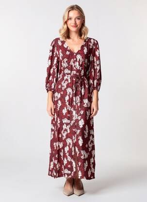 Rochie lungă imprimeu floral mâneci 3/4 roșu GRACE & MILA femeie