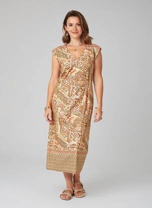 Rochie midi imprimeu fantezie mâneci scurte portocalie MERI & ESCA femeie