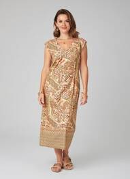 Rochie midi imprimeu fantezie mâneci scurte portocaliu MERI & ESCA femeie