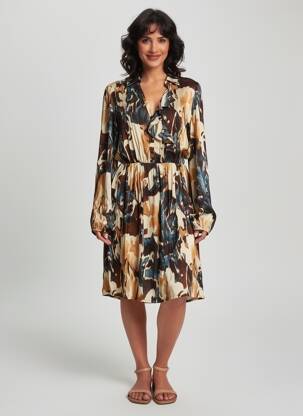 Rochie midi imprimeu fantezie mâneci lungi maro LUMA femeie
