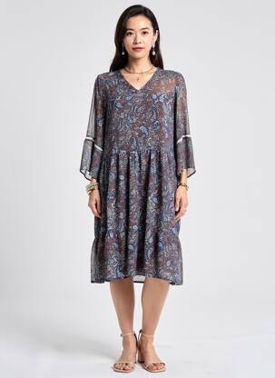 Rochie midi imprimeu fantezie mâneci lungi albastru MERI & ESCA femeie