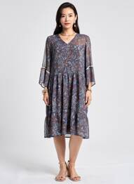 Rochie midi imprimeu fantezie mâneci lungi albastru MERI & ESCA femeie