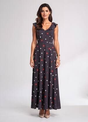 Rochie lungă imprimeu fantezie mâneci scurte negru LONDON LOOK femeie