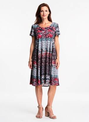 Rochie midi imprimeu fantezie mâneci scurte negru GEVANA femeie
