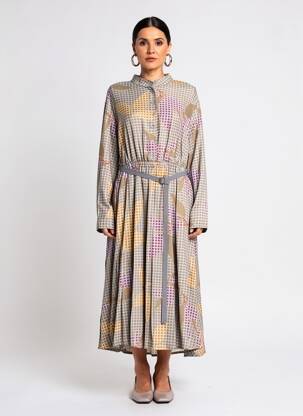 Rochie lungă țesătură poplin mâneci lungi maro NIU femeie