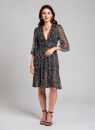 Rochie midi croială fluidă mâneci lungi negru JANE WOOD femeie