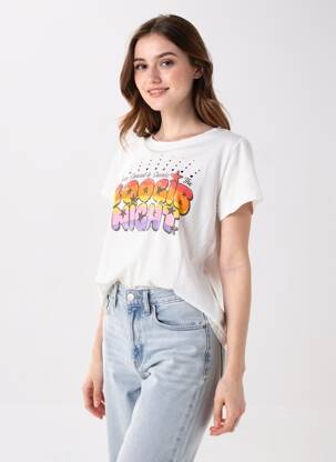 Tricou serigrafie flockată mâneci scurte alb NINE TEES femeie