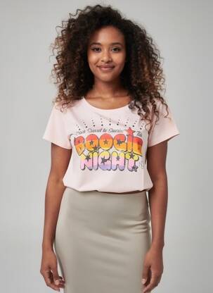 Tricou serigrafie flockată mâneci scurte roz NINE TEES femeie