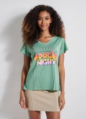 Tricou serigrafie flockată mâneci scurte verde NINE TEES femeie