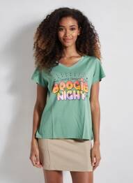 Tricou serigrafie flockată mâneci scurte verde NINE TEES femeie