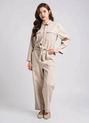 Salopetă-pantalon guler de bluză mâneci lungi bej LA PETITE FRANCAISE femeie