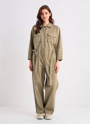 Salopetă-pantalon guler de bluză mâneci lungi verde ROSE GARDEN femeie