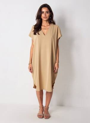 Rochie midi țesătură crep mâneci scurte bej MAT. femeie