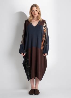 Rochie midi imprimeu fantezie mâneci lungi albastru MAT. femeie