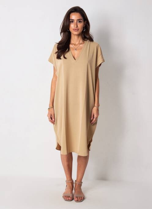 Rochie midi țesătură crep mâneci scurte bej MAT. femme