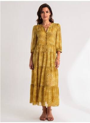Rochie lungă imprimeu fantezie mâneci 3/4 galben GERARD DAREL femeie