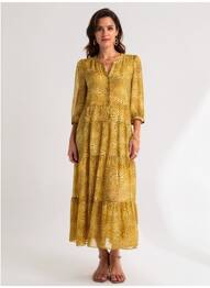 Rochie lungă imprimeu fantezie mâneci 3/4 galben GERARD DAREL femeie