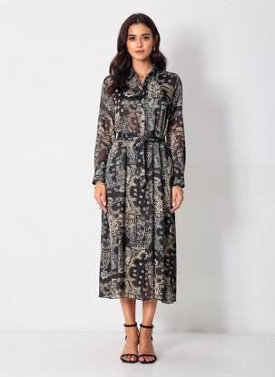 Rochie midi imprimeu fantezie mâneci lungi negru LE TEMPS DES CERISES femeie