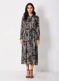 Rochie midi imprimeu fantezie mâneci lungi negru LE TEMPS DES CERISES femeie