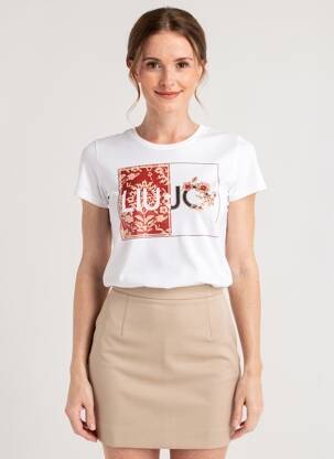 Tricou serigrafie cu strasuri mâneci scurte alb LIU JO femeie