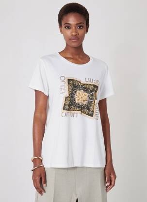 Tricou serigrafie cu strasuri mâneci scurte alb LIU JO femeie