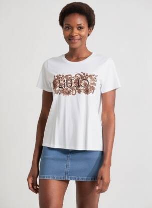 Tricou serigrafie cu strasuri mâneci scurte alb LIU JO femeie
