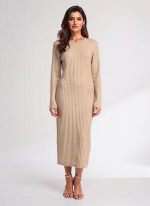 Rochie lungă mâneci lungi mâneci lungi maro MAJESTIC FILATURES femeie