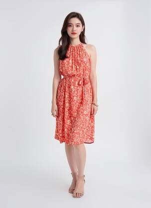 Rochie midi imprimeu floral fără mâneci roșu FREEMAN T.PORTER femme