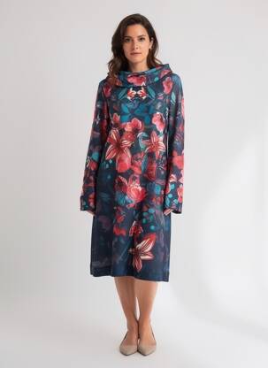 Rochie midi imprimeu fantezie mâneci lungi albastru MALOKA femeie