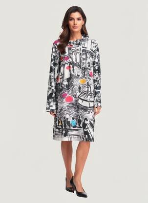 Rochie midi imprimeu fantezie mâneci lungi negru MALOKA femeie