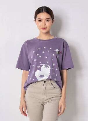 Tricou serigrafie flockată mâneci scurte violet NEWTONE femeie
