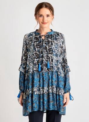 Rochie midi imprimeu fantezie mâneci lungi albastru MISS JUNE femeie