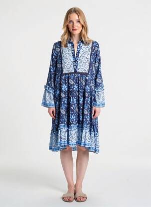 Rochie midi imprimeu fantezie mâneci lungi albastru MISS JUNE femeie