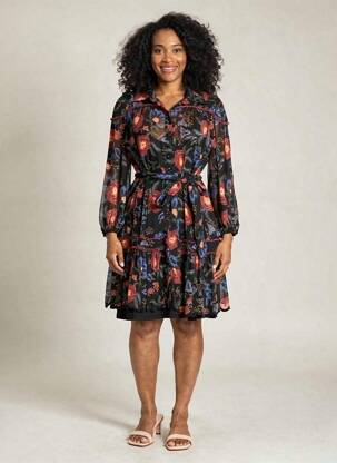 Rochie midi imprimeu fantezie mâneci lungi negru MISS JUNE femeie