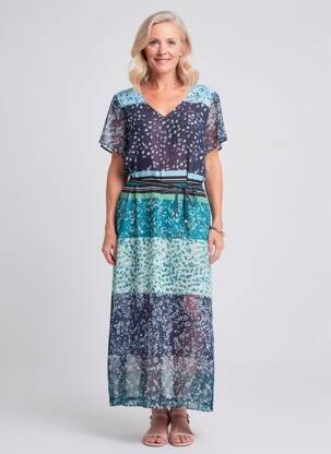 Rochie lungă imprimeu fantezie mâneci scurte albastru GRIFFON femeie