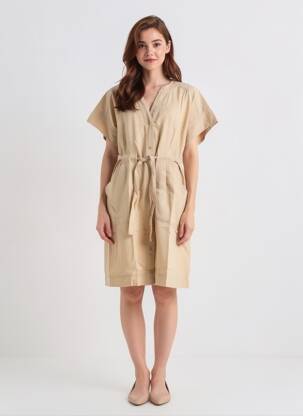Rochie midi țesătură crep mâneci scurte bej ZYGA femeie