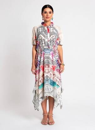 Rochie midi imprimeu fantezie mâneci scurte alb VANIA femeie