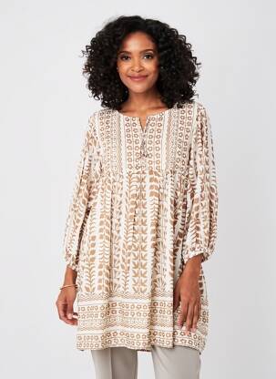 Rochie midi imprimeu fantezie mâneci lungi bej VANIA femeie