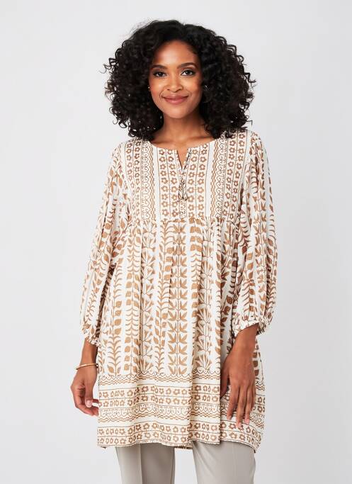 Rochie midi imprimeu fantezie mâneci lungi bej VANIA femme