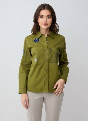 Cămașă croială dreaptă mâneci lungi verde ROSE GARDEN femeie