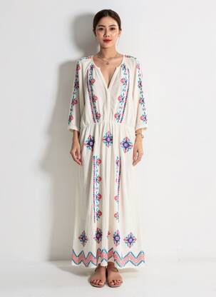 Rochie lungă țesătură crep mâneci 3/4 bej C'EST BEAU LA VIE femeie