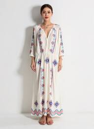 Rochie lungă țesătură crep mâneci 3/4 bej C'EST BEAU LA VIE femeie