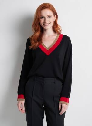 Pulover guler în v mâneci lungi negru B.YOUNG femeie