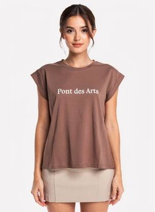 Tricou serigrafie flockată mâneci scurte maro GRACE & MILA femeie