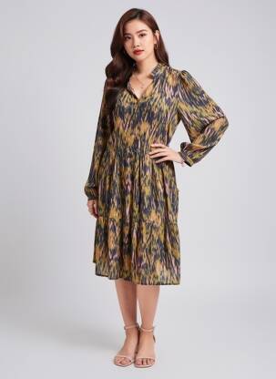 Rochie midi croială fluidă mâneci lungi verde ICHI femeie