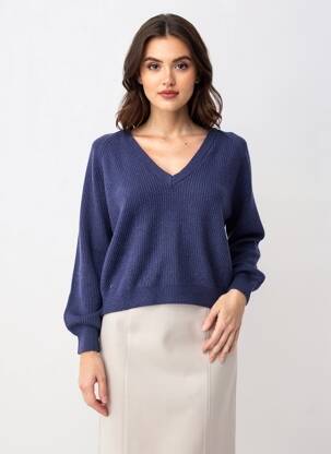Pulover guler în v mâneci lungi albastru ICHI femeie