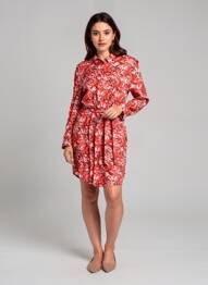 Rochie midi imprimeu fantezie mâneci lungi roșu ICHI femeie